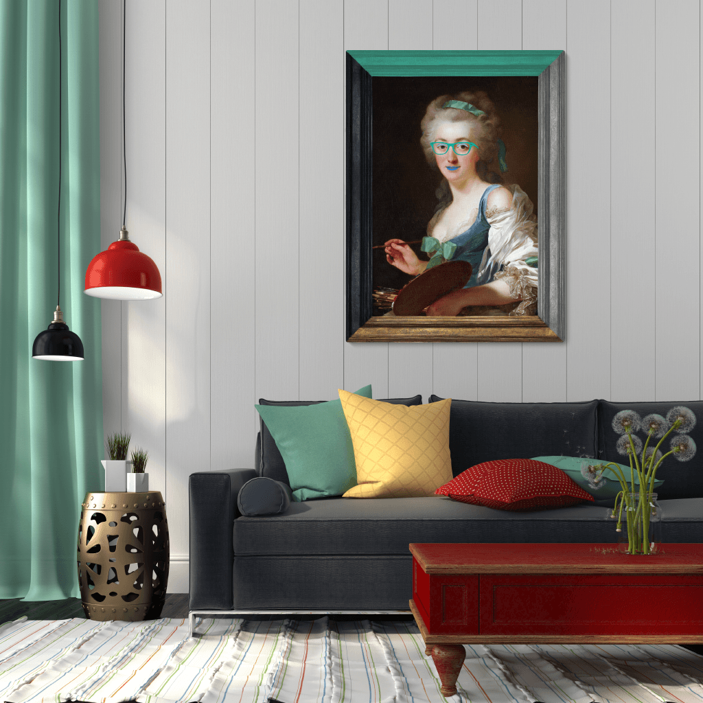 Gracious in Green - Canvas Art Print in Modern Living Room with Blue Sofa and white walls