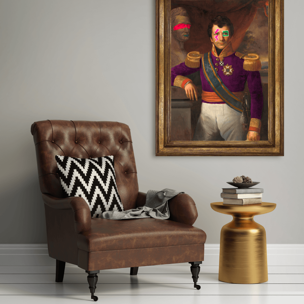 "The Galvanised Governor" - Eclectic and Electric Art Piece for Modern Room - Brown Chair Golden Table 